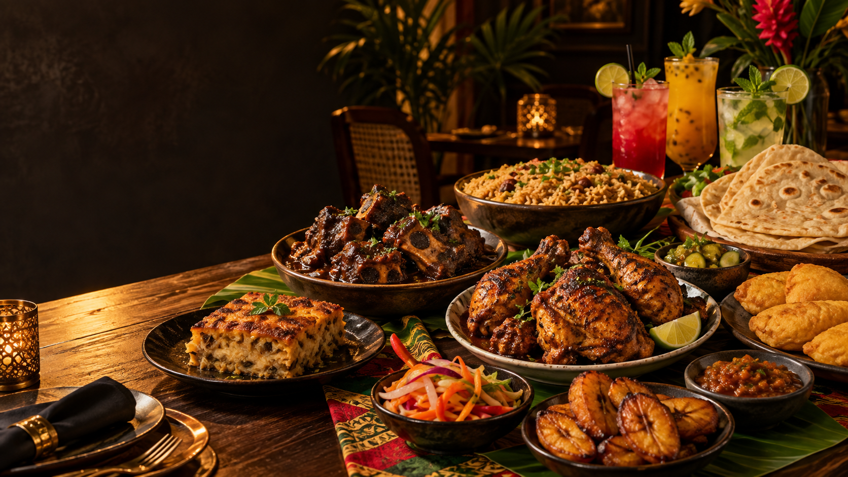 Een tafel vol Surinaams-Caribische gerechten